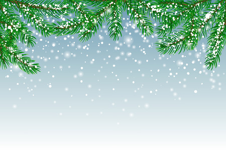 Winter background with fir branches covered with snow and falling snow. Christmas card with space for text.のイラスト素材