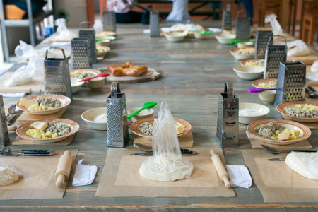 cooking class, culinary. food and people concept, desktop getting ready for workの写真素材