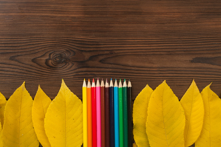 autumn leaves paper heart and colorful pencils - school, student backgroundの写真素材
