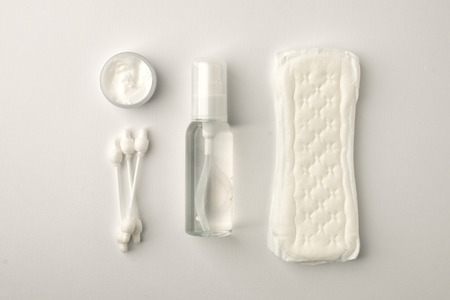 Different personal hygiene objects on white background, female boycare concept, monochrome, top viewの写真素材