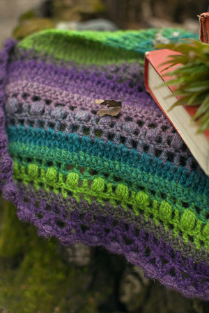 Books and warm plaid blanket on wooden stump, picnic in the autumn forest. Fall weekend. Photo toned, selective focusの写真素材