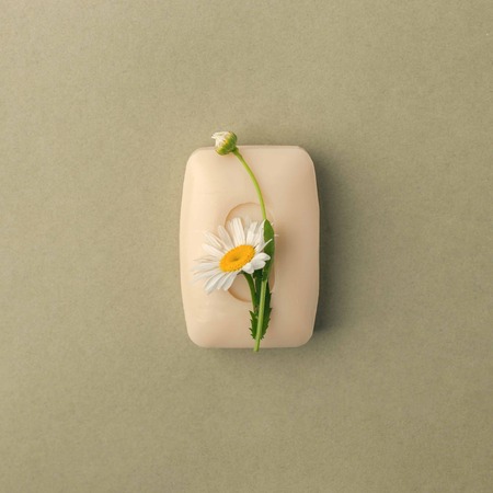 Bar of handmade soap with camomile flowers over green pastel grunge background.の写真素材
