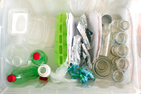 sorting of garbage types. Waste management concept. Top view.  Conceptual image for environmental...