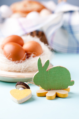 a festive Easter table, a bright morning, a traditional rabbit - an element of decorの写真素材