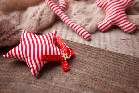 Rustic Christmas Decoration. Merry Christmas Happy New Year vintage wooden background. Copy space. Flatlayの写真素材