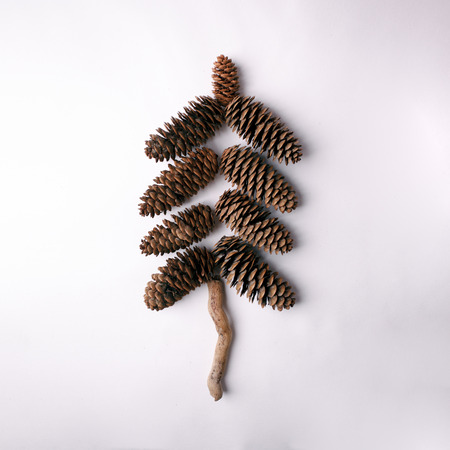 Christmas holiday minimal concept, Christmas tree made of pine cones and wooden details