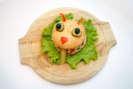 Halloween burger monsters ion wooden plate, food for kids partyの写真素材