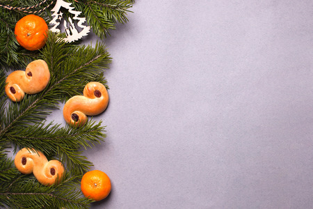 Frame with Traditional saffron buns, tradition in Sweden at Lucia and Christmas, xmas decorations,...