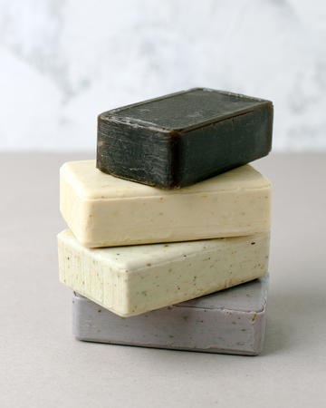 Natural soap stack, zero waste hegiene concept, natural cosmetic closeup, trendy minimalism, stop...