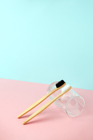 Zero-waste, biodegradable bamboo toothbrush and glass modernの写真素材