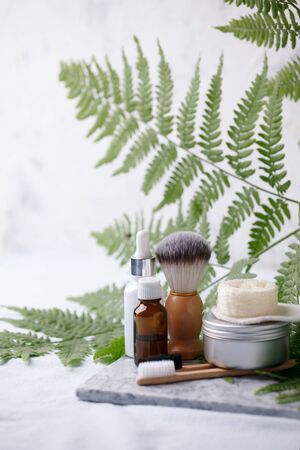 Zero waste natural cosmetics products on marble desk, organic plantbased cosmetic concept, eco-friendly background, minimalの写真素材