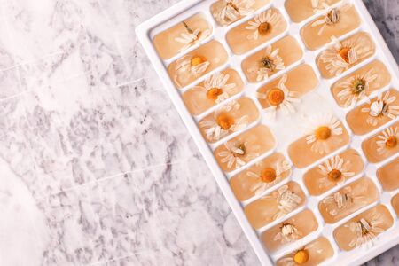 Herbal ice cubes, summer refreshing skincare.Fresh frozen herbs daisy chamomile flowers on marble...