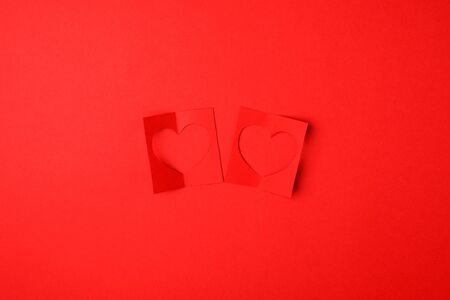 Holiday Card. Hearts from paper Valentines day.  Day. Hearts is fall love. Copy space, minimal concept, seasonal winter february holidayの写真素材