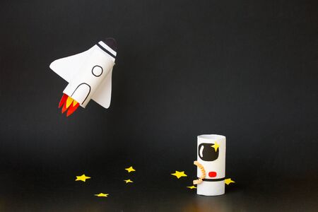 Spaceship, shuttle, rocket and astronaut on blackの写真素材