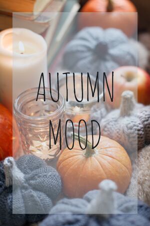 AUTUMN MOOD Seasonal fall comfy cozy background, happy thanksgiving holiday, Candle pumpkin and handcrafted knitting decor on window, warm moody conceptの写真素材