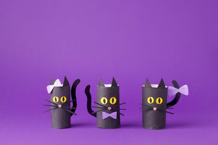 Halloween toy collection of black cats on purple for Halloween concept background. Paper crafts, easy DIY. Handcraft creative idea from toilet tube, recycle concept, copy space, flyer, banner