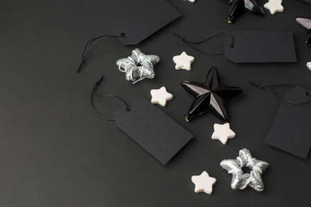 Black Friday blank template tag label with silver stars decorations, celebration mock up with copy...