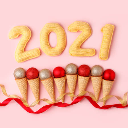 Set of ice Cream Cones with Christmas Decoration and number of year 2021, Christmas New Year...