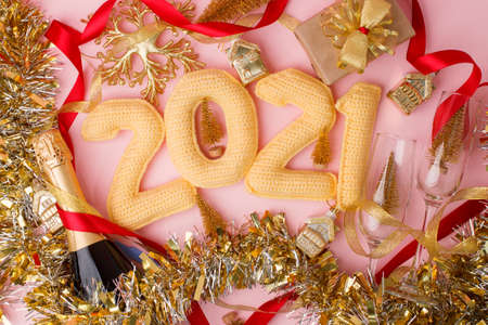 Happy new year 2021. Christmas or new year decorations on pink pastel background. Christmas...