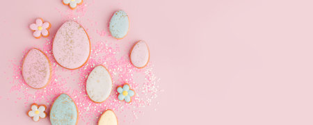Colorful easter cookies with icing on pink background, colorful seasonal holiday concept, stylish greeting card, invitation, flyer. Delicious traditional cookies for kids, copy space, bannerの写真素材