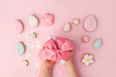 Colorful easter cookies with icing and gifr box in kid hands on pink background, colorful seasonal...