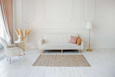 Stylish Scandinavian modern white cozy eco interior in minimalist style. Modern home decor with...