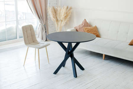 Stylish Scandinavian modern white cozy eco interior in minimalist style. Modern home decor with...