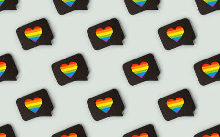 Happy Pride month banner for lgbt rights or social issues event. Colorful rainbow heart in black...