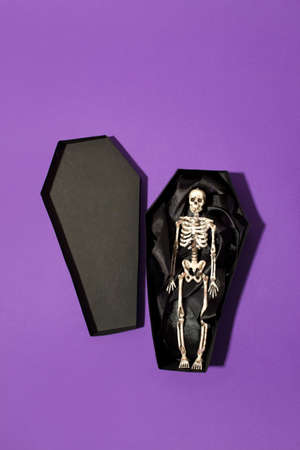 Happy Halloween holiday concept. Decorative skeleton of man in paper handmade coffin on purple background. Halloween party greeting card, invitation, banner, copy spaceの写真素材