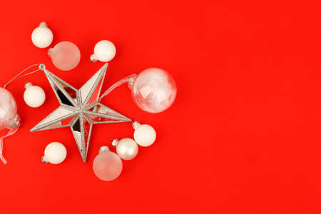 Happy 2022 New Year, Christmas white, mirror object decor on red background top view. Merry Christmas greeting card, frame. Winter xmas holiday theme, Sale voucher, flyer, greeting cardの写真素材
