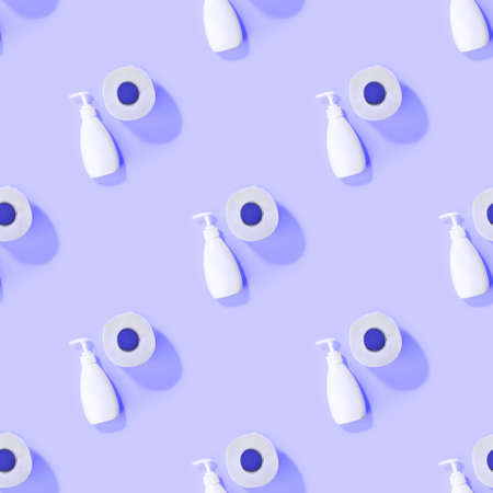 Toilet paper roll, sanitizer antiseptic gel liquid soap on trendy ultraviolet purple background...