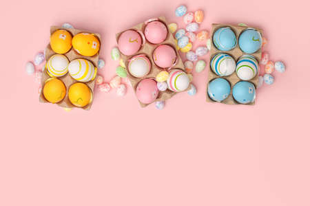 Top view shot of arrangement decoration Happy Easter holiday background concept. Flat lay colorful...
