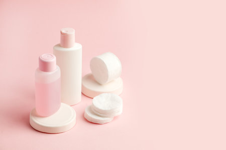 Cosmetics SPA branding mock up top view on pink background, banner for your branding, cosmetology, skincare, medicine conceptの写真素材