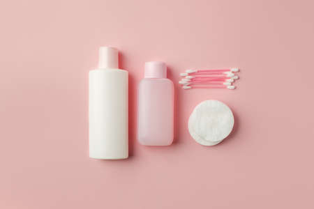 Cosmetics SPA branding mock up top view on pink background, banner for your branding, cosmetology, skincare, medicine conceptの写真素材