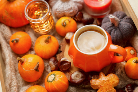 Mug of cocoa or hot chocolate with seasonal decoration, candle, pumpkins and warm blanket. Cozy home atmosphere in rainy autumn day. Hygge lifestyle concept, fall menu, flyer, greeting cardの写真素材