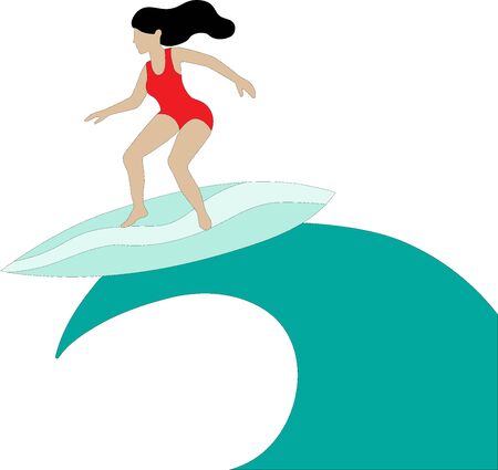 Vector summer time flat illustration woman of big wave surfing isolated on white background.のイラスト素材