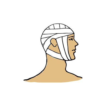 Bandage for head, first aid medical emergency. Vector hand drawn illustration of injured person.のイラスト素材