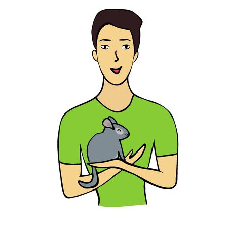 Boy with chinchilla in his hands. Happy domestic animal. Hand drawn illustration isolated on white background.のイラスト素材