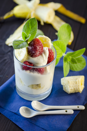 Milk dessert with strawberry and banana closeupの写真素材