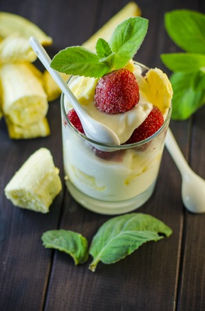 Milk dessert with strawberry and banana closeupの写真素材
