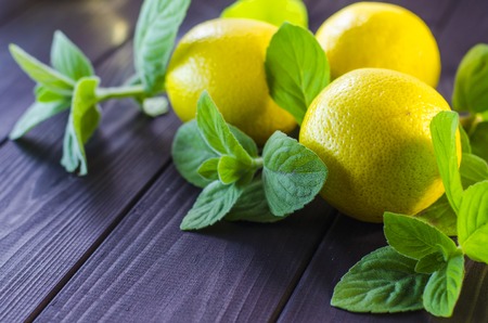 Fresh lemon and mint on the table close-upの写真素材