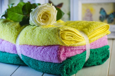 Fresh soft terry multi-colored towels smelling flowersの写真素材