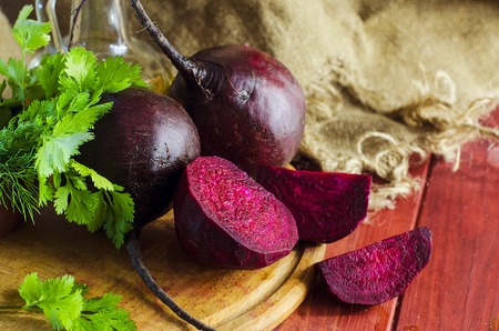 Young raw beetroot close up on a background of burlap