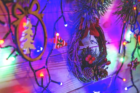 Christmas background, garland lights, holiday toys in blueの写真素材