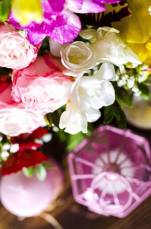 Bouquet of fresh and different spring flowers close upの写真素材
