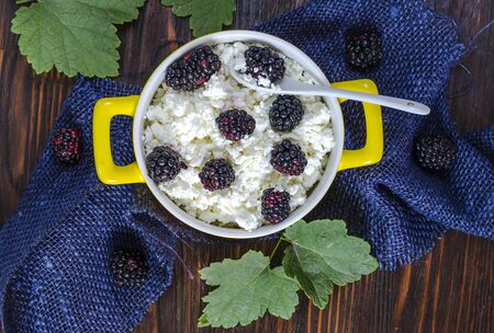 Fresh cottage cheese with fresh blackberries in a bowlの写真素材