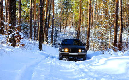 a dark colored passenger car drives through a winter forest off-road in the snow