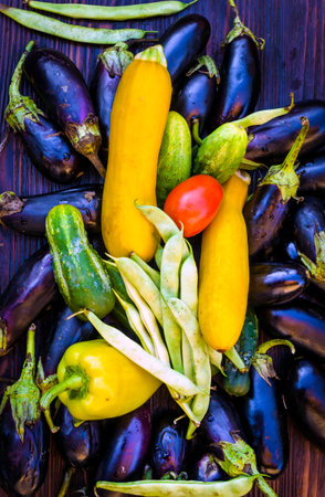 Various ripe raw vegetables - eggplant, zucchini, cucumber, tomato, beans, pepper on the tableの写真素材