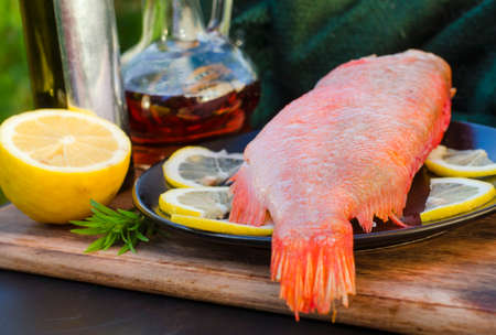 Red snapper on a plate with raw lemonの写真素材