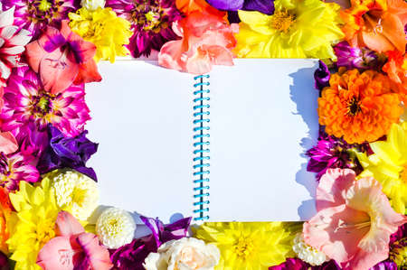 White space for text in the form of a notebook in a frame of bright summer flowersの写真素材